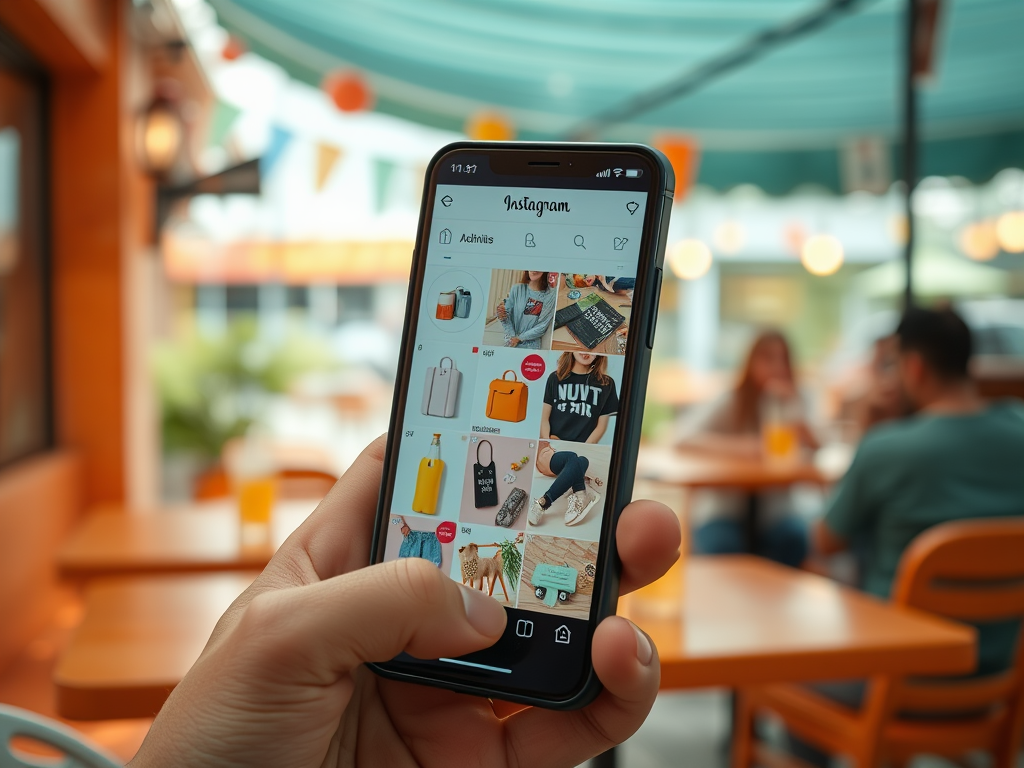 На изображении смартфон с открытым Instagram и подборкой товаров на фоне кафе.