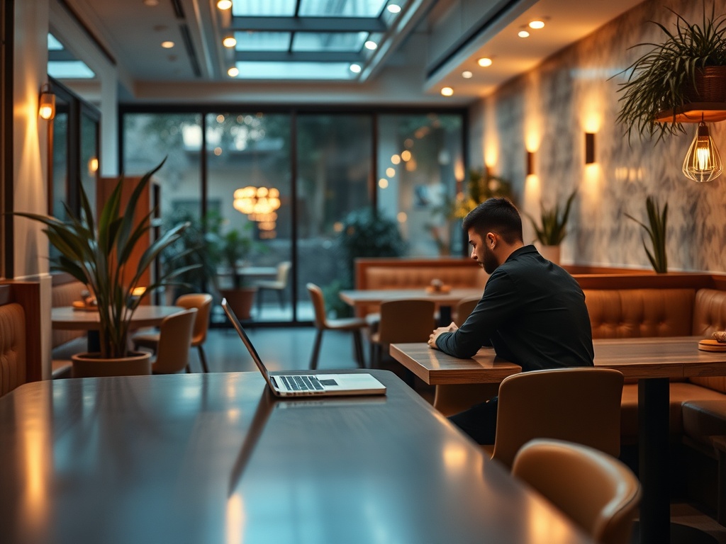Человек сидит за столом в кафе, смотрит в экран ноутбука, вокруг уютная атмосфера и зеленые растения.