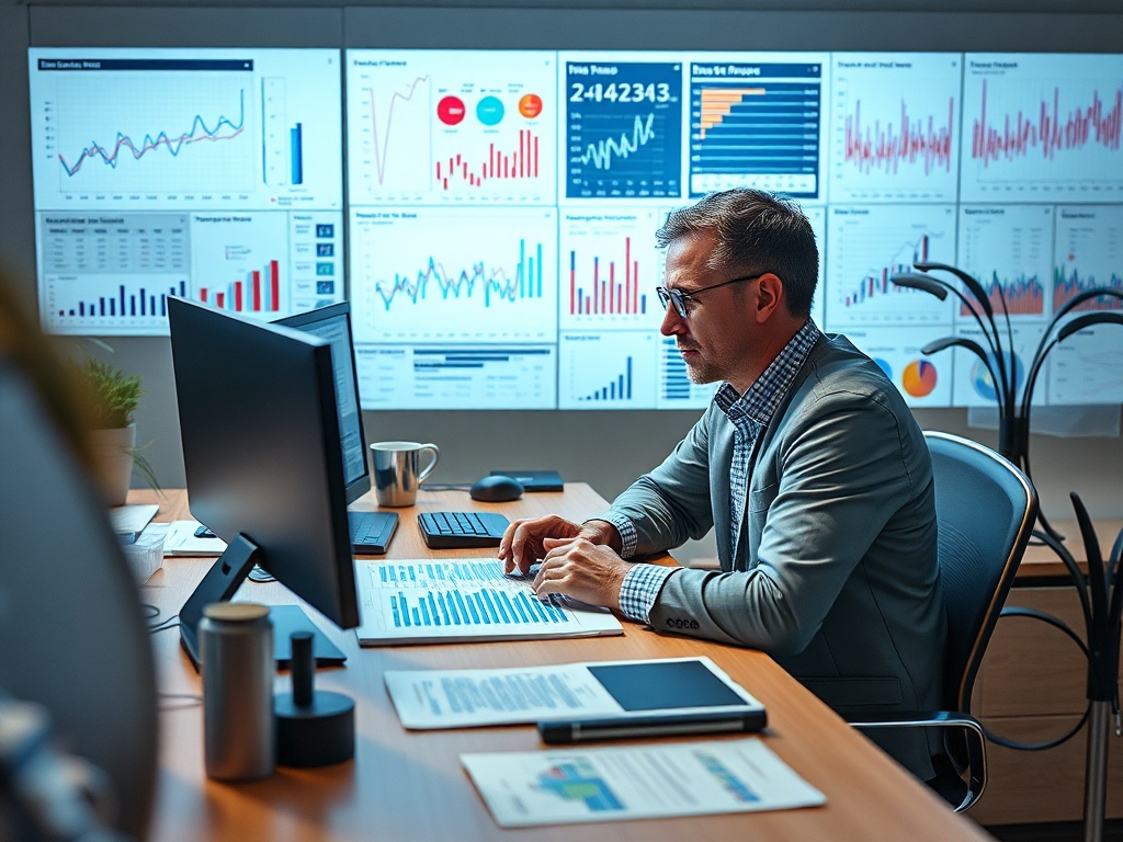 Мужчина в деловом костюме работает за столом с графиками и диаграммами на экранах. Офисная атмосфера.