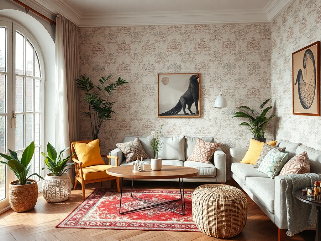 Уютная гостиная с мягкой мебелью, зеленными растениями и красивыми картинами на фоне светлых обоев.