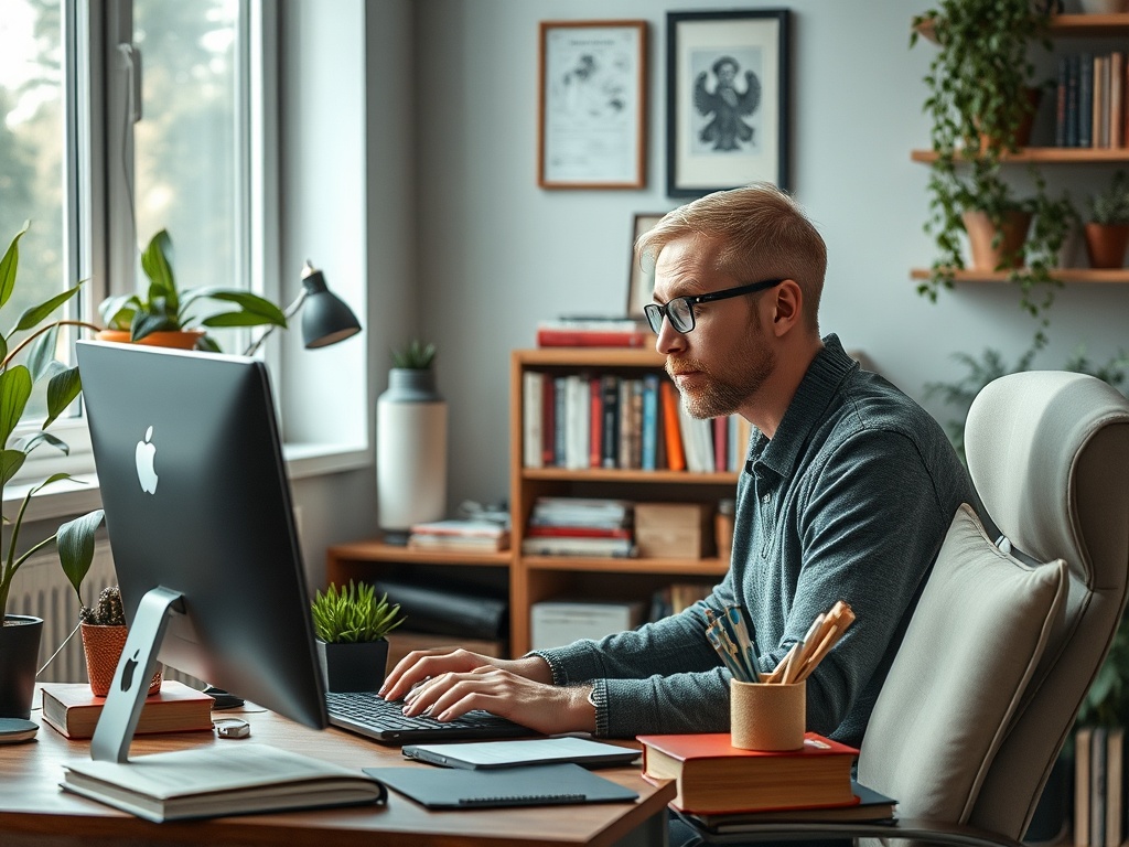Мужчина за компьютером в уютном кабинете, окружённом растениями и книгами, сосредоточенно работает.