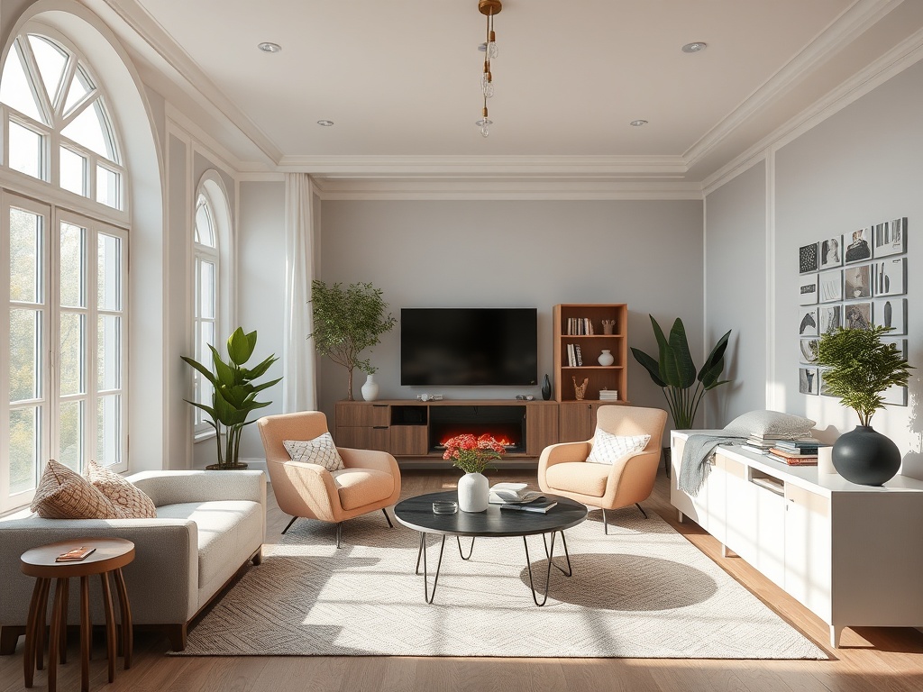 Светлая гостиная с уютной мебелью, телевизором и зелеными растениями у окон. Стильный и современный интерьер.