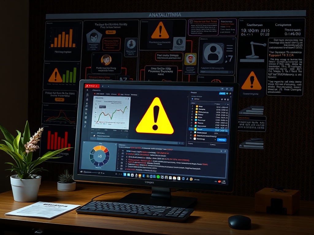 На экране компьютера предупреждение об ошибке и графики с данными, рядом цветы и документы на столе.