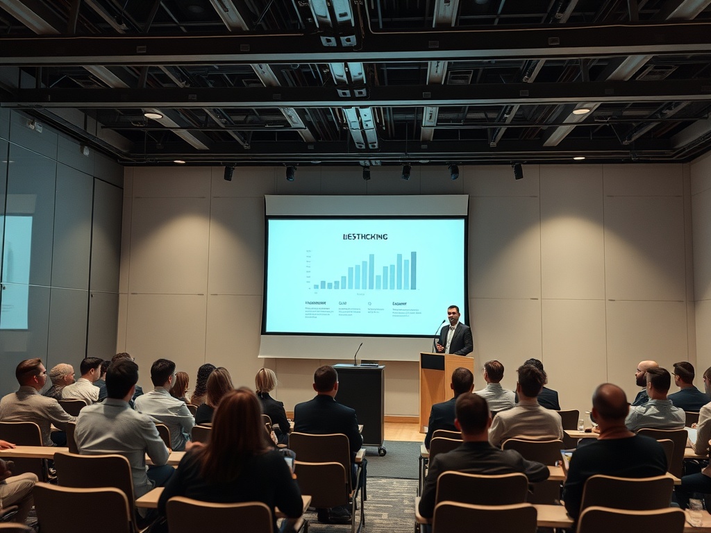 На презентации мужчина делится информацией с аудиторией. На экране график с данными.