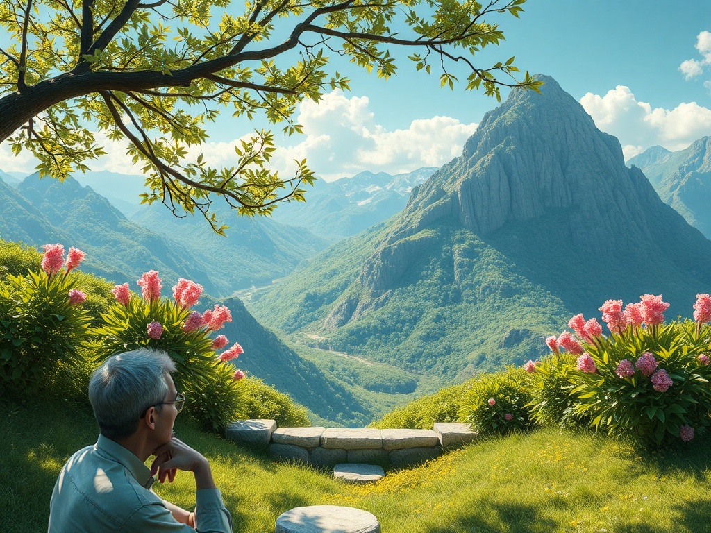 Человек смотрит на живописные горы, окруженные цветами и зеленью, наслаждаясь природой и спокойствием.